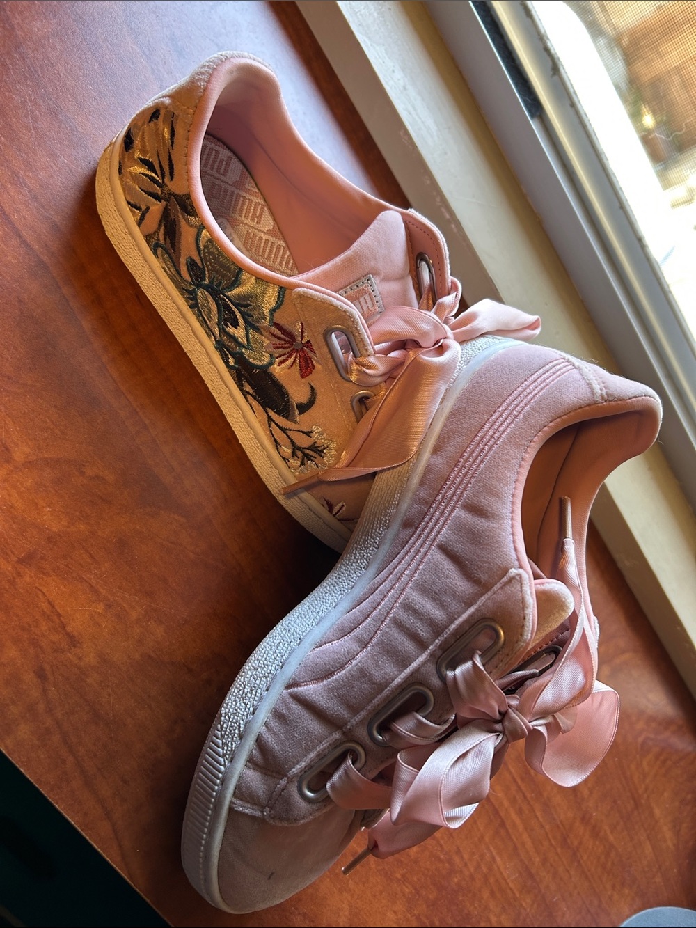 Puma Pink Floral Embroidered Satin Ribbon Sneakers